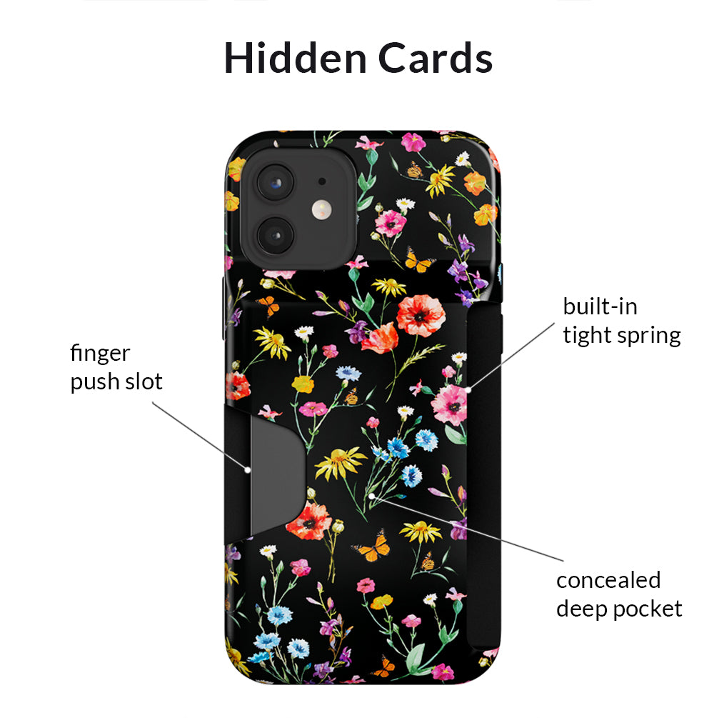 Premium Black Wildflower iPhone Wallet Case - Slim Protective Cover with Card Holder for iPhone 13/14/15 - Perfect for Everyday Use, Travel & Shopping