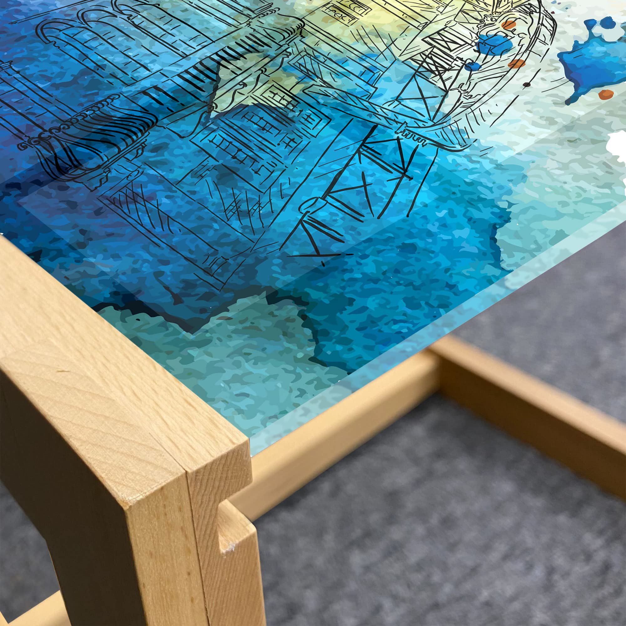 Ambesonne Watercolor Coffee Table - Modern Grunge Paint Stains & Standing Lady Design - Acrylic Glass Top with Wooden Frame - Large Dark Violet, Cream & Amber - Perfect for Offices, Dorms & Living Rooms