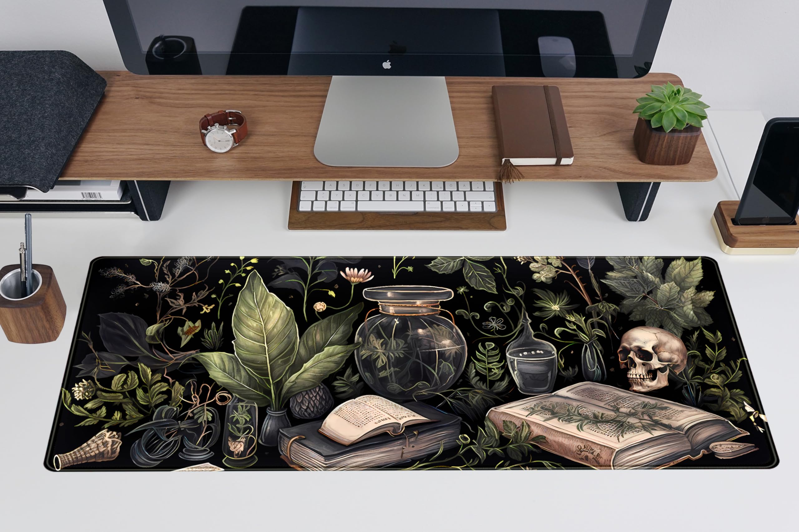 Dark Academia Desk Mat - XL Extended Large Gaming Mouse Pad with Mystical Green Plant Design, Non-Slip Computer Laptop Keyboard & Mouse Mat (31.5x11.8 in) - Perfect for Office, Study & Gaming Setup