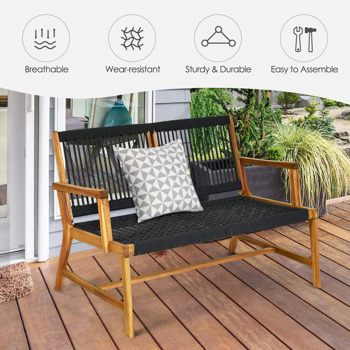 Tangkula 2-Person Acacia Wood Patio Loveseat Bench - Teak Oil Finish Outdoor Rope Chair for Balcony, Deck, Poolside & Porch - Perfect for Relaxing, Entertaining & Outdoor Dining (Black)