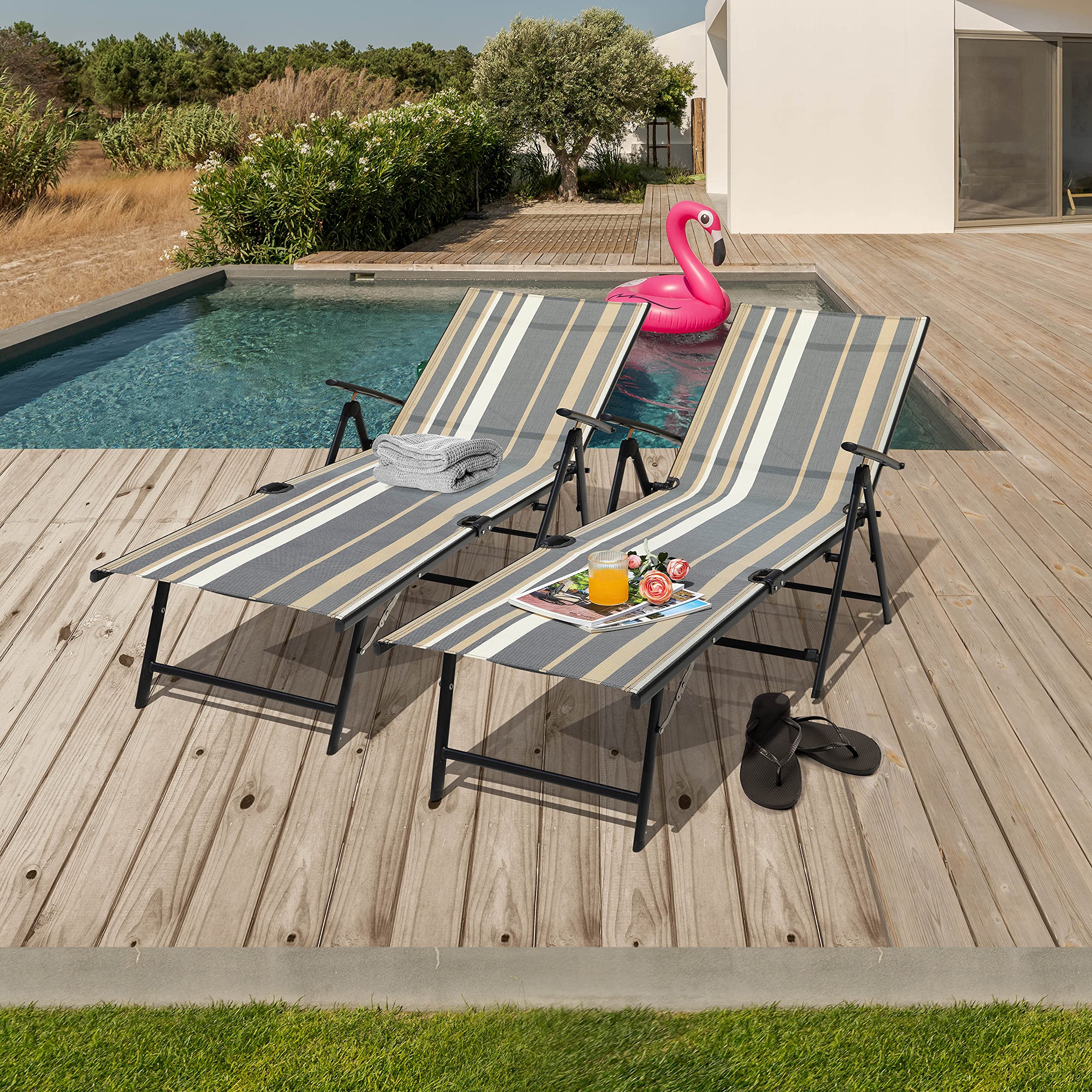 NUU GARDEN Outdoor Lounge Chairs Set of 2 - Adjustable Iron Frame & Textilene Fabric Zero Gravity Recliners - Perfect for Beach, Yard, Pool, Patio & Backyard Relaxation - Striped Design Comfortable Outdoor Furniture for Sunbathing & Lounging