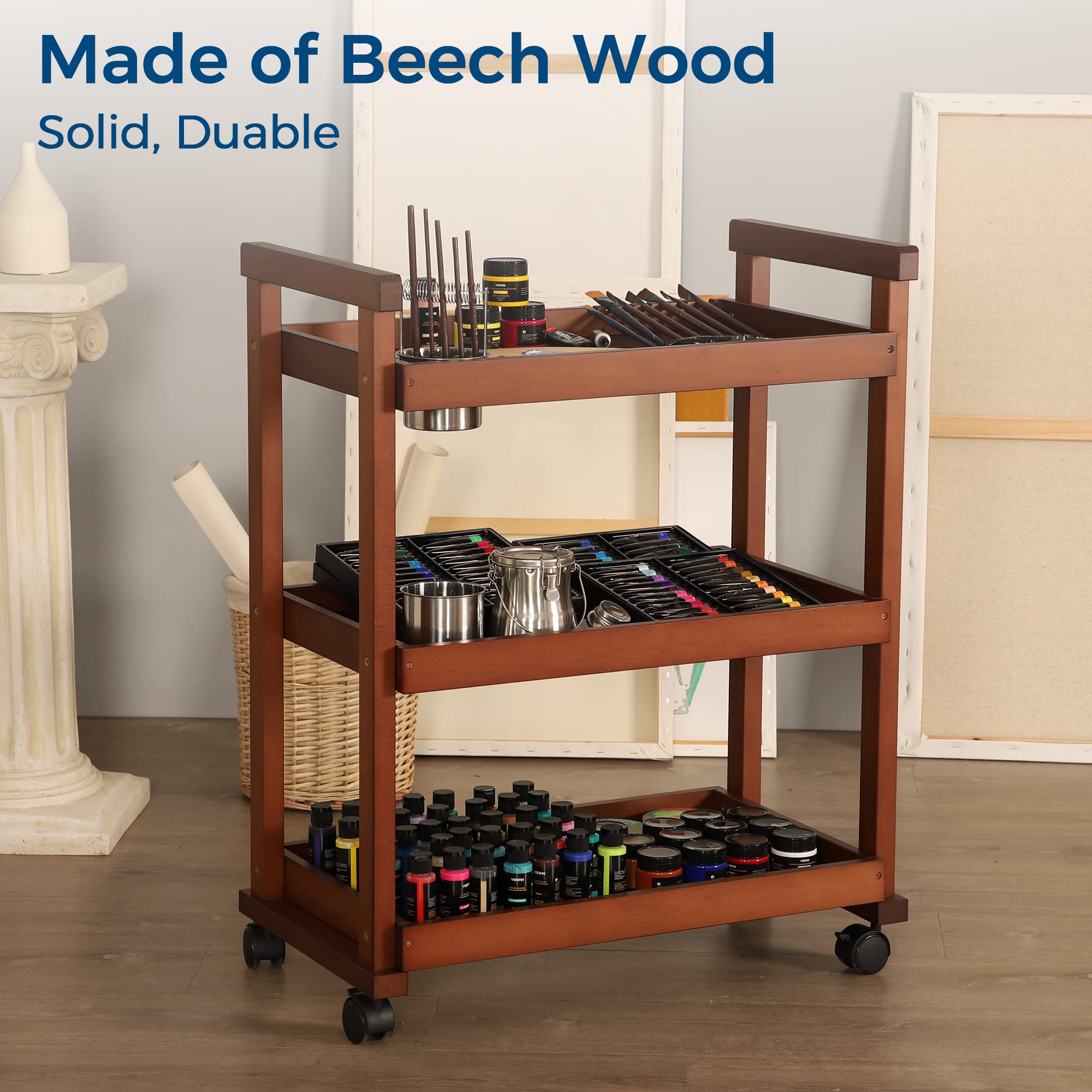 VISWIN 3-Tier Rolling Art Cart Organizer - Solid Beechwood Utility Taboret with Casters, Multifunctional Mobile Storage Trolley for Art Supplies, Classroom & Studio Organization (Walnut Finish) - Perfect for Artists, Teachers & Craft Rooms