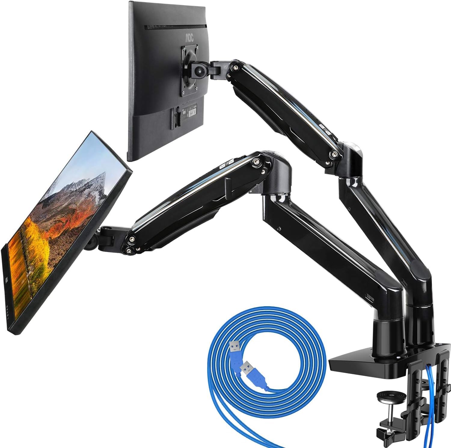 HUANUO Dual Monitor Arm Stand for 13-40 Inch Screens - Adjustable Height Gas Spring Monitor Mount for 2 Computer Displays (Up to 26.4 lbs Each) - Clamp/Grommet Base - Perfect for Home Office, Gaming Setup & Workstation Ergonomics