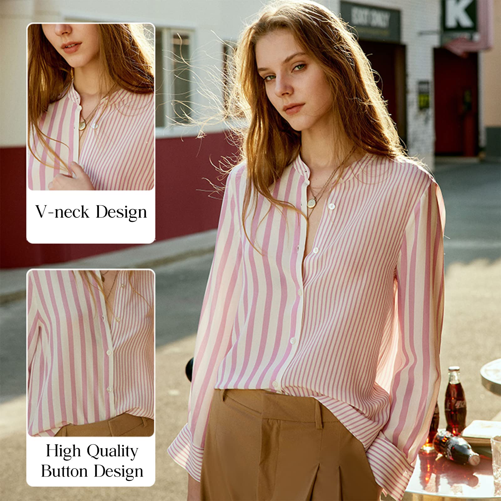 COLD POSH Women's 100% Pure Silk Blouse - Long Sleeve Button Down Shirt for Spring & Summer | Elegant Soft Classic Fit Fashion Top for Work & Casual Wear | White & Pink Striped | Perfect for Office, Date Night & Special Occasions