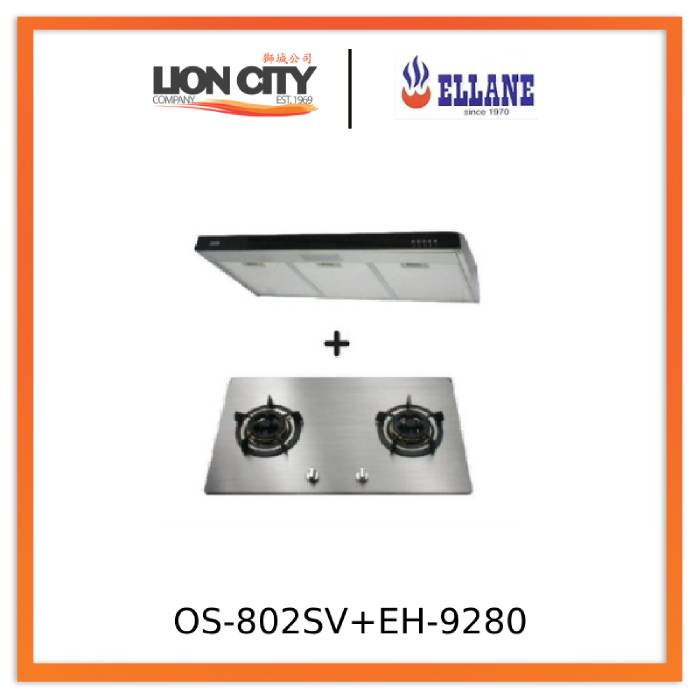 Ellane 60cm/90cm Slimline Range Hood with Black Panel EH 9280 & Ellane OS 802SV 86cm 2-Burner Gas Cooktop - Modern Kitchen Ventilation System for Home Cooking