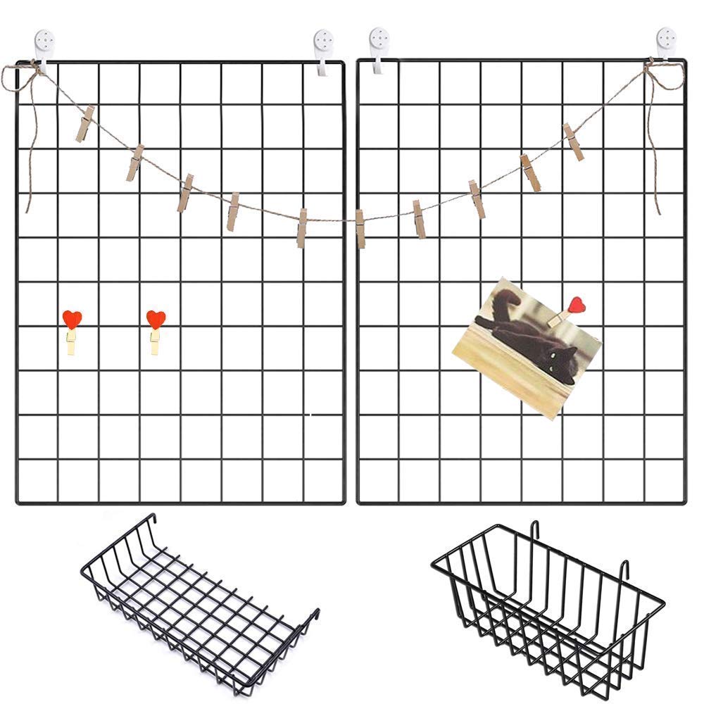 GBYAN 2 Pack Wall Grid Panels with Baskets - Photo Display & Wire Wall Organizer for Hanging Memos, Pictures, Notes | Perfect for Bedroom, Office & Dorm Organization & Decoration
