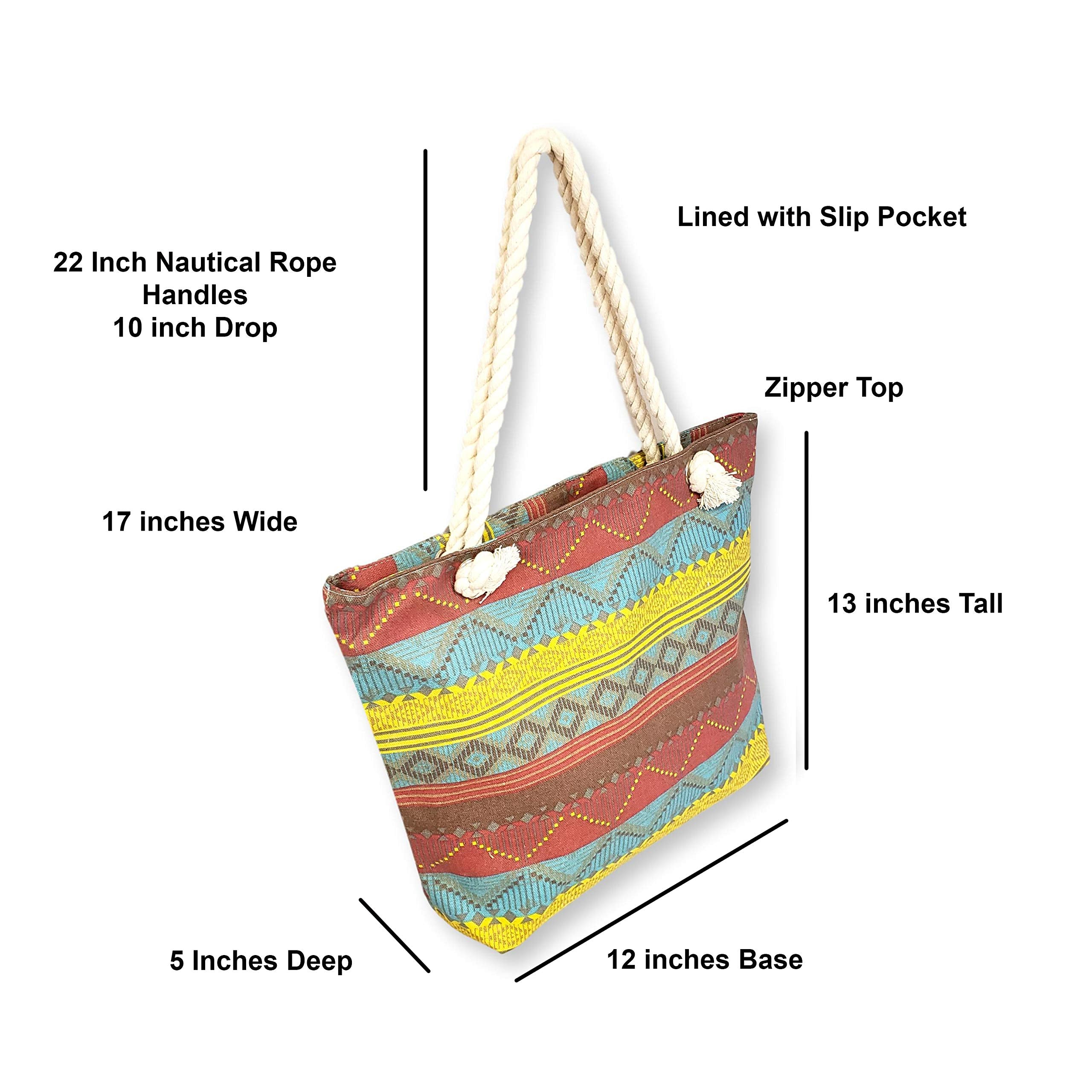 101 BEACH Medium Sized Summer Print Canvas Beach Tote Bag - Burgundy Teal Boho Stripe Design - Perfect for Beach Vacations, Pool Parties and Summer Outings