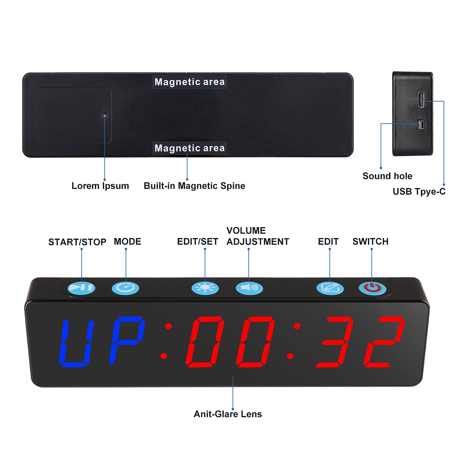 PELLOR Digital LED Wall Timer with Magnetic Back, Interval Fitness Countdown/Countup Timer, Adjustable Brightness & Volume, Remote Control - Perfect for Home Gym, Garage, and Workout Training