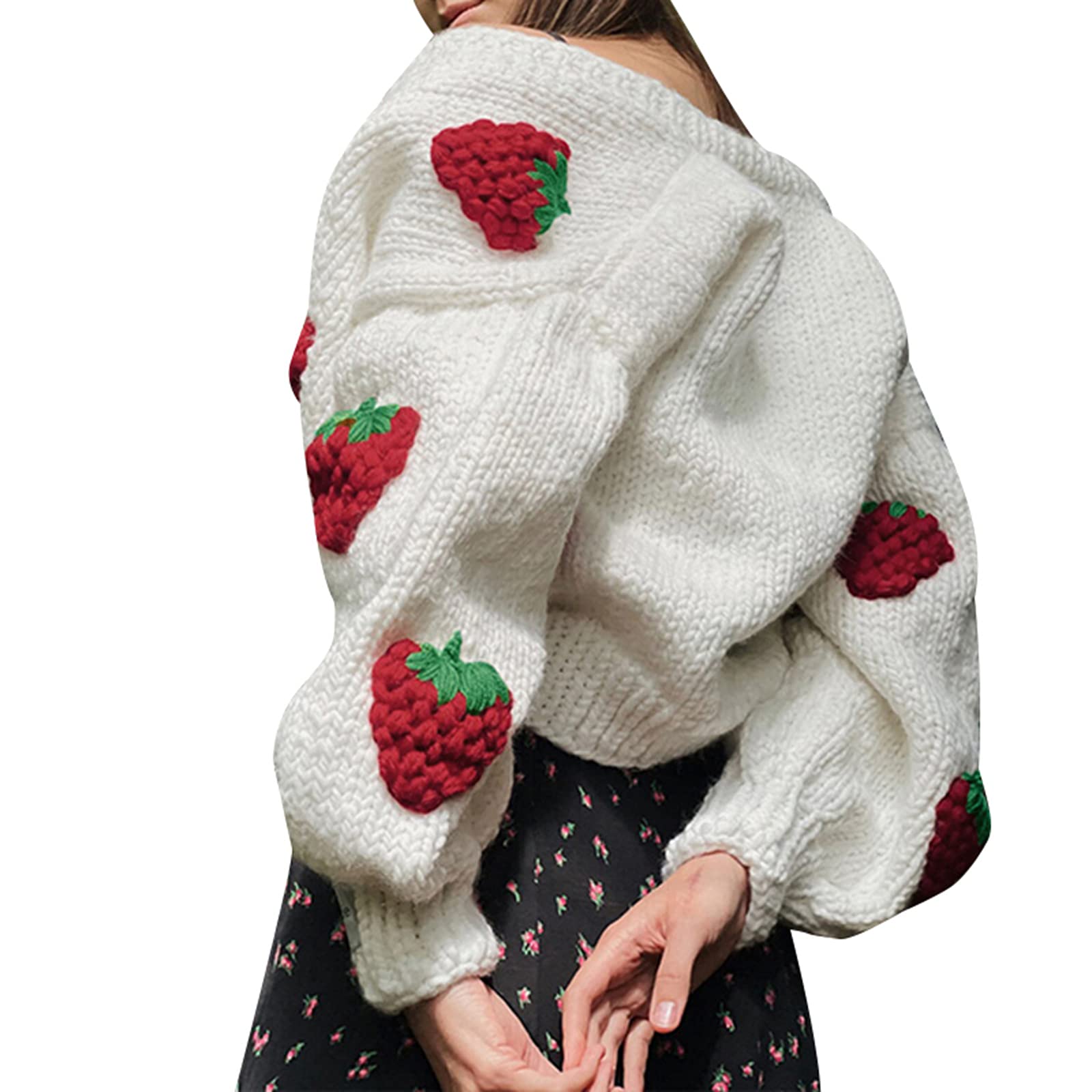 Y2K Kawaii Women's Crop Cardigan Sweater - Long Puff Sleeve Strawberry V-Neck Button Knit Top | Perfect for Casual Outfits, Date Nights & Aesthetic Instagram Photos