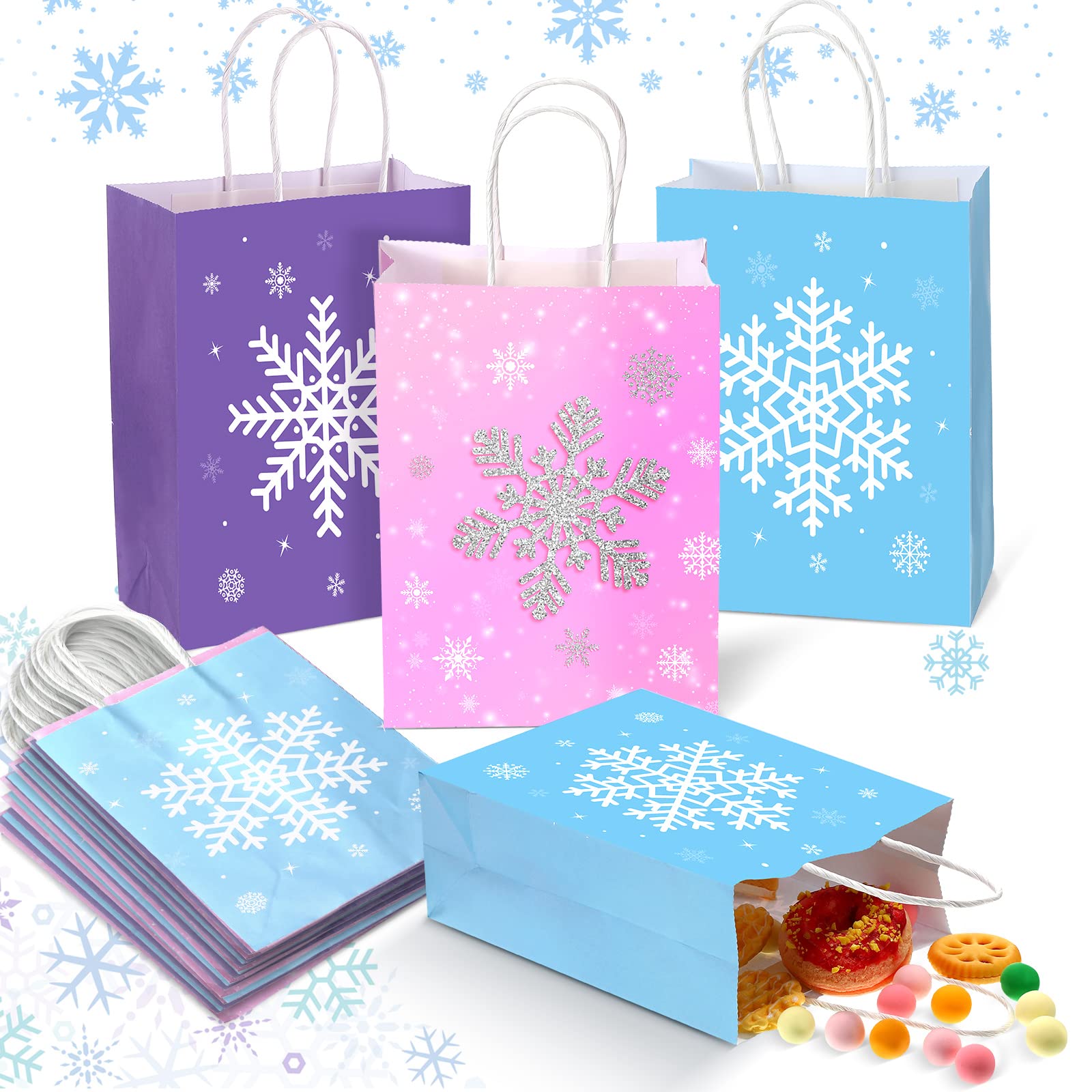 21-Piece Snowflake Party Favor Bags - Kraft Paper Frozen-Themed Treat Bags with Handles for Christmas, Winter Wonderland & Birthday Parties - Perfect for Candy, Gifts & Goodie Bags (Holiday Party Supplies)