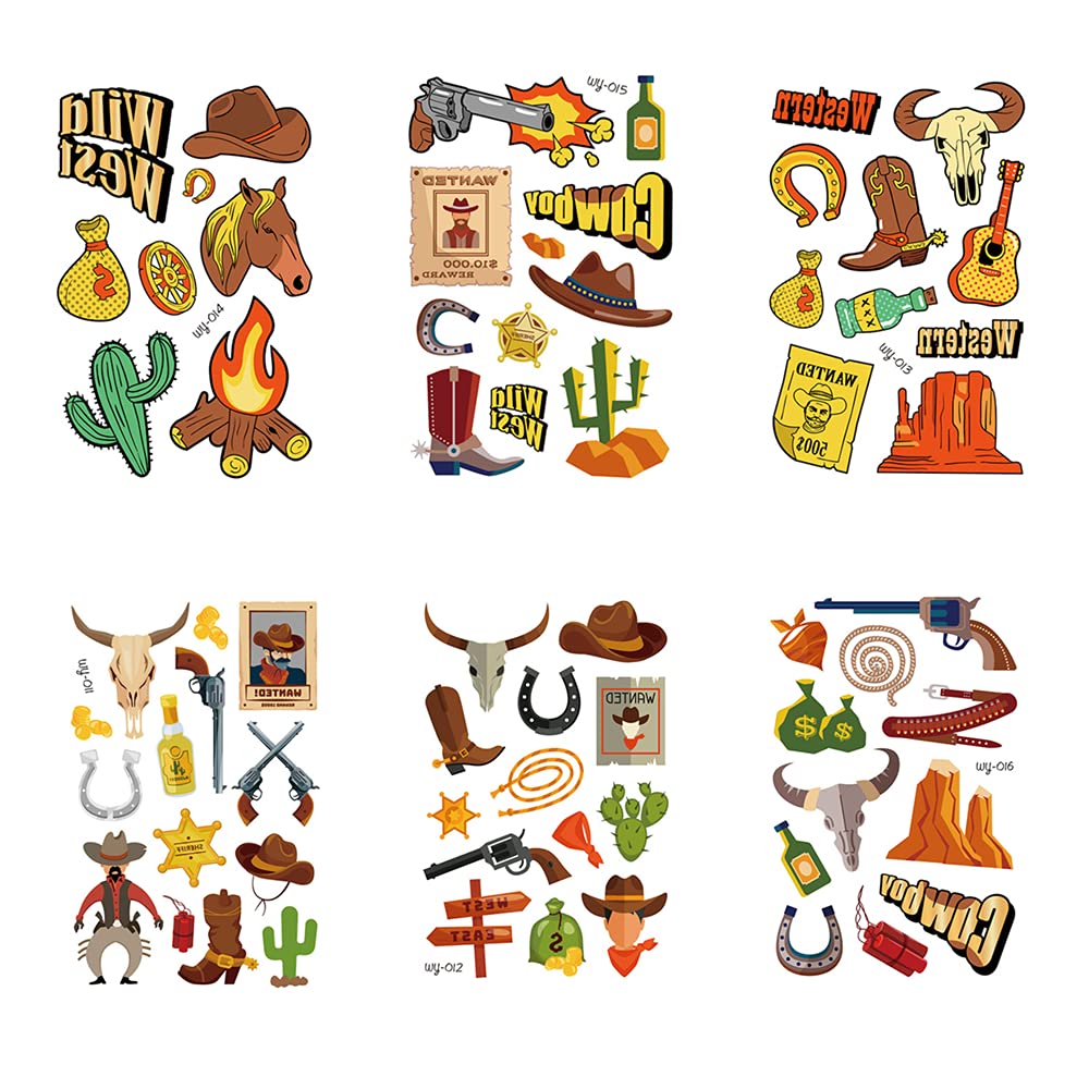 6 Pcs Western Cowboy Temporary Tattoos - Cartoon Cowboy Tattoo Stickers for Rodeo Party, Birthday, Cowboy Theme Party - Perfect for Western Costumes, Halloween, and Wild West Events