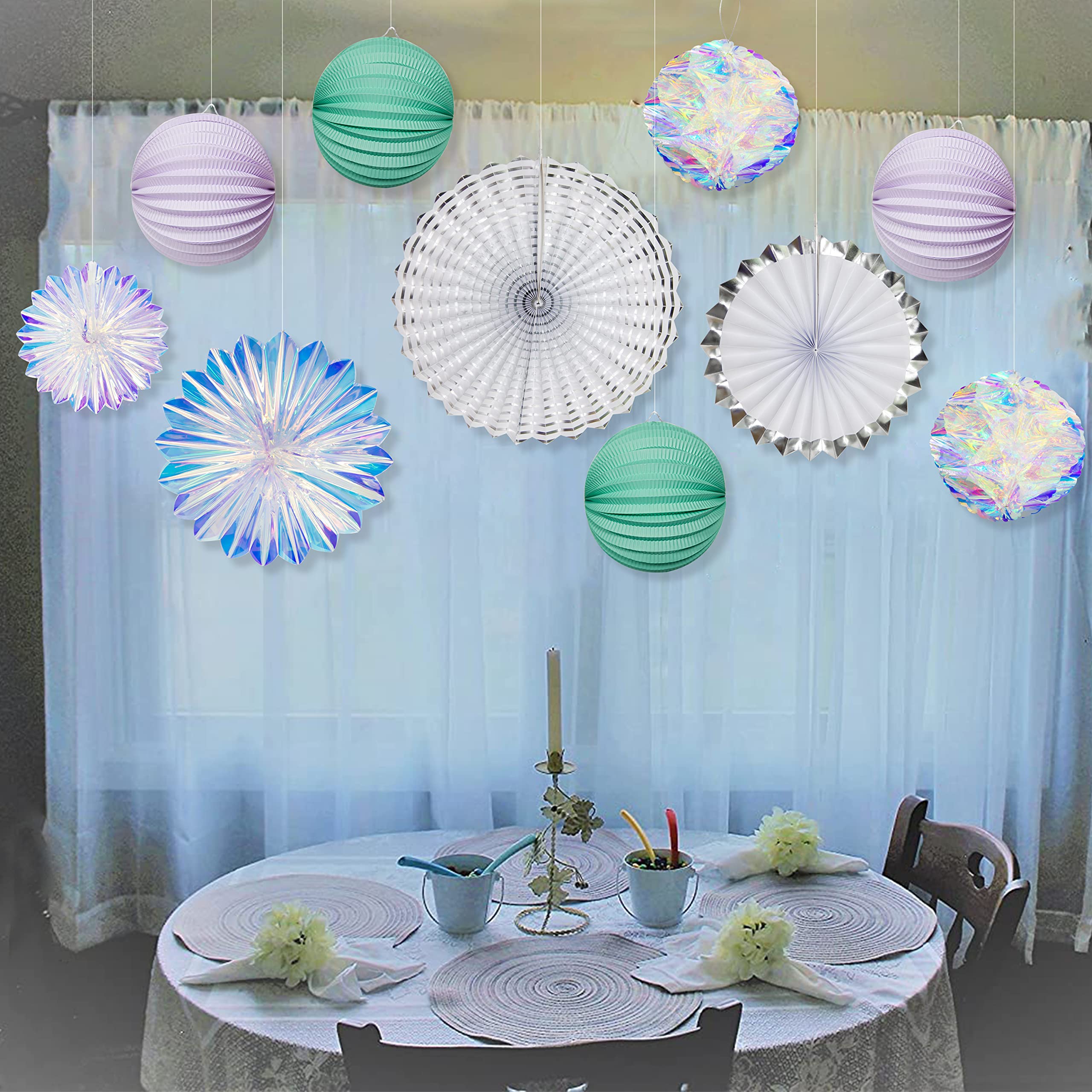 Cheerland Iridescent Holographic Party Decorations Set - Disco Ball Birthday Wedding Baby Shower Decorations - Hanging Paper Fans & Pompom Decor for Anniversary Bridal Shower Party Supplies (Perfect for Dance Parties, Photo Backdrops & Festive Events)