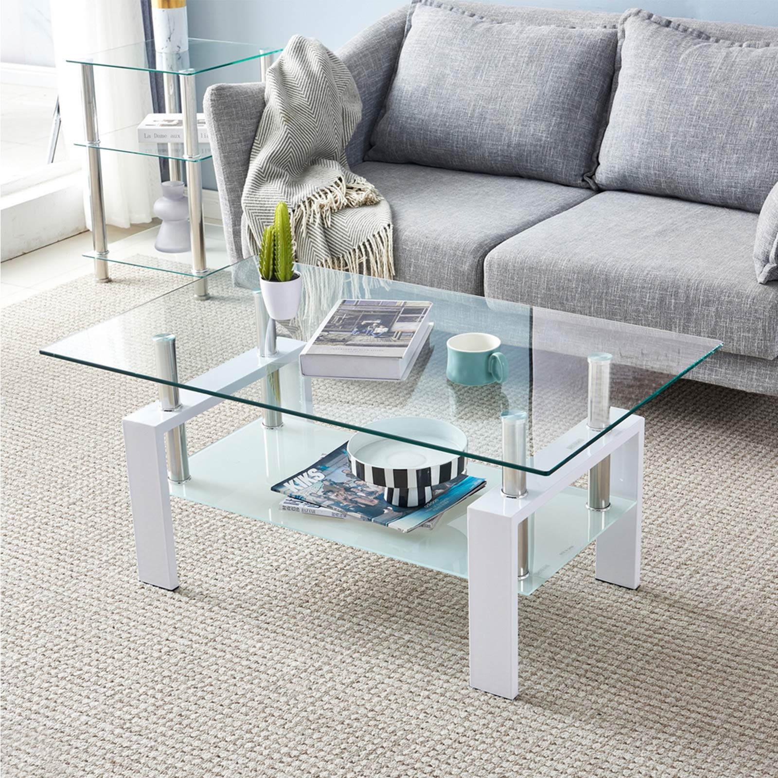 Modern Rectangle Glass Coffee Table with Sturdy Metal Frame & Storage Shelf - White | Minimalist Living Room Furniture for Sofa & Side Table Use | Durable & Stylish Home Decor for Small Spaces