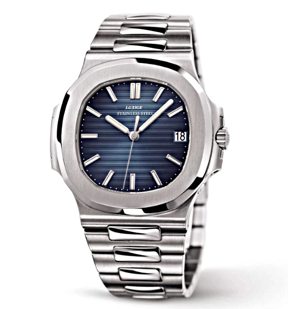 LGXIGE Men's Automatic Water Resistant Watch - Luxury Stainless Steel Blue Dial with Luminous Hands - Patek Philippe Style Dress Watch for Business, Formal Events & Everyday Wear