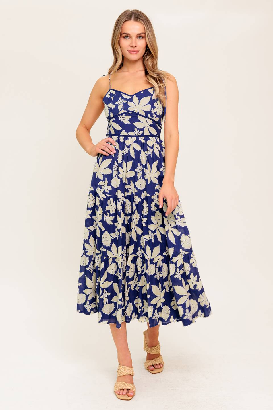 Elegant Petals in the Wind Navy Midi Dress - Perfect for Summer Weddings & Garden Parties
