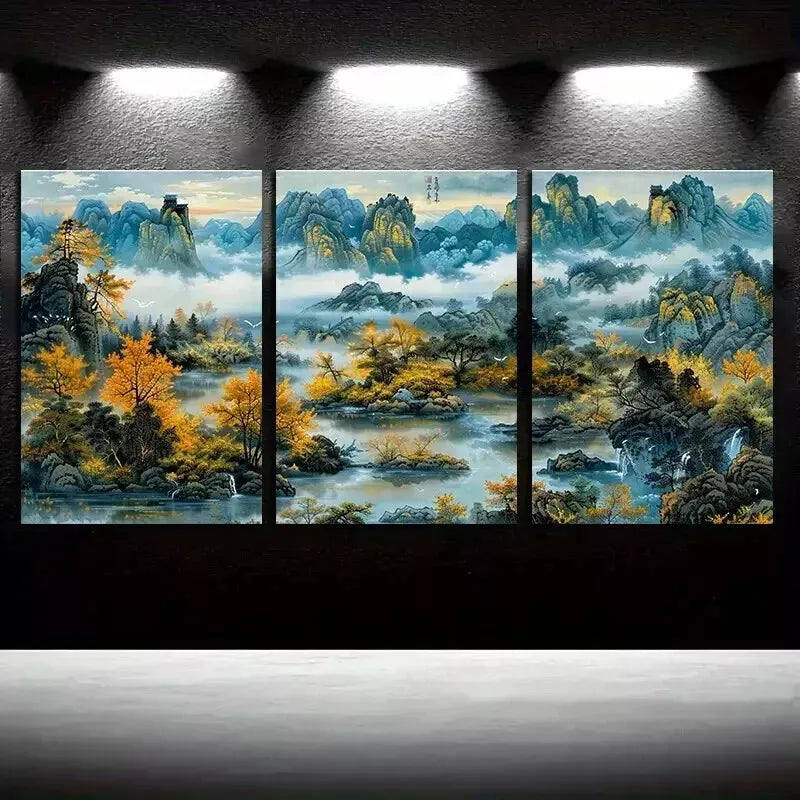 3-Piece Chinese Style Landscape Wall Art Set - Framed Canvas Prints 50x70cm - High Quality Handmade Wall Decor - Ready to Hang for Living Room, Bedroom & Office Decor