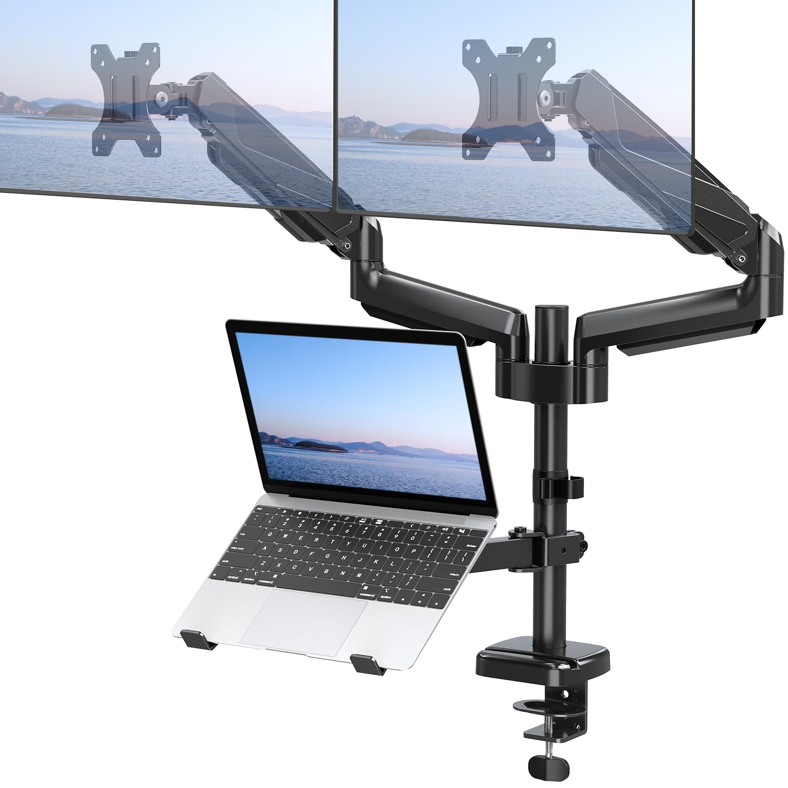 MOUNT PRO Dual Monitor Arm with Laptop Tray - Gas Spring Monitor Stand for 2 Screens up to 27