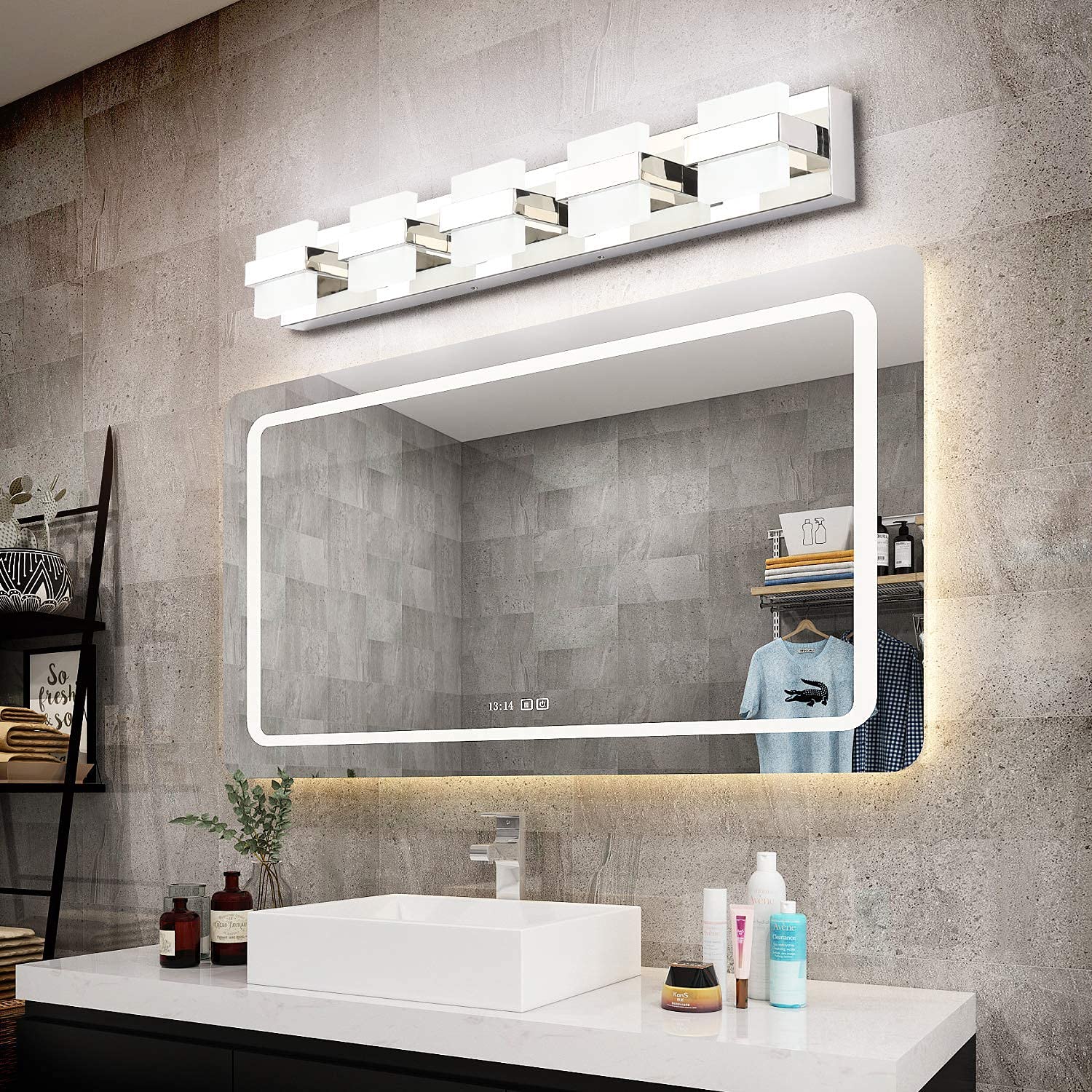 SOLFART LED Vanity Lights Bundle - 7248-5T & 8778-1000mm Modern Bathroom Light Fixtures in Silver & Gloss Chrome - Perfect for Makeup Vanity, Dressing Room, and Contemporary Bathroom Lighting