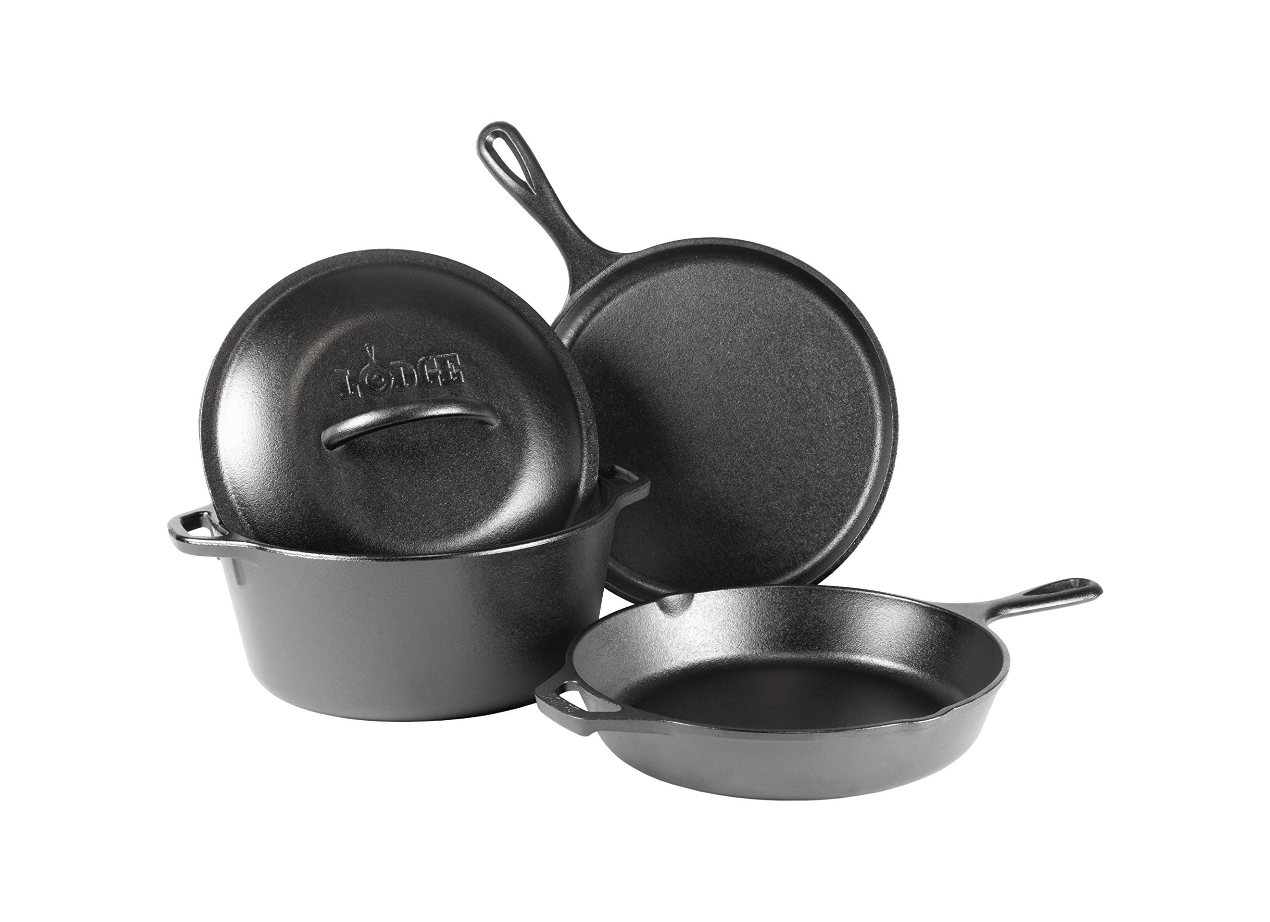 Lodge Cast Iron 4-Piece Cookware Set - Pre-Seasoned Skillet, Dutch Oven & More for Camping, Grilling & Home Cooking