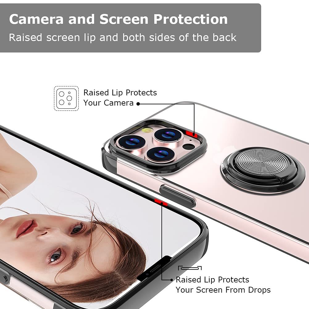 Ultra Slim Soft TPU iPhone 13 Pro Case 6.1 Inch with Rotatable Ring Kickstand & Magnetic Car Mount - Black | Perfect for Daily Use, Travel & Hands-Free Viewing