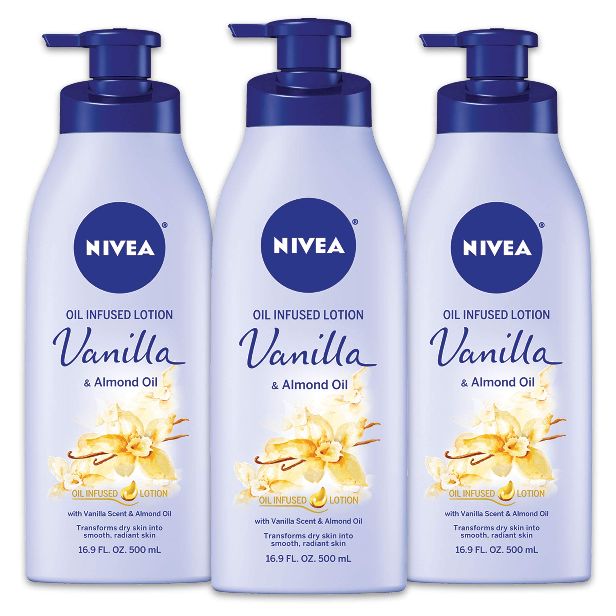 Nivea Oil-Infused Body Lotion with Vanilla & Almond Oil - 16.9oz (500ml) Pump Bottle - 3 Pack - Deep Moisturizing for Dry Skin - Perfect for Winter Care & Daily Hydration