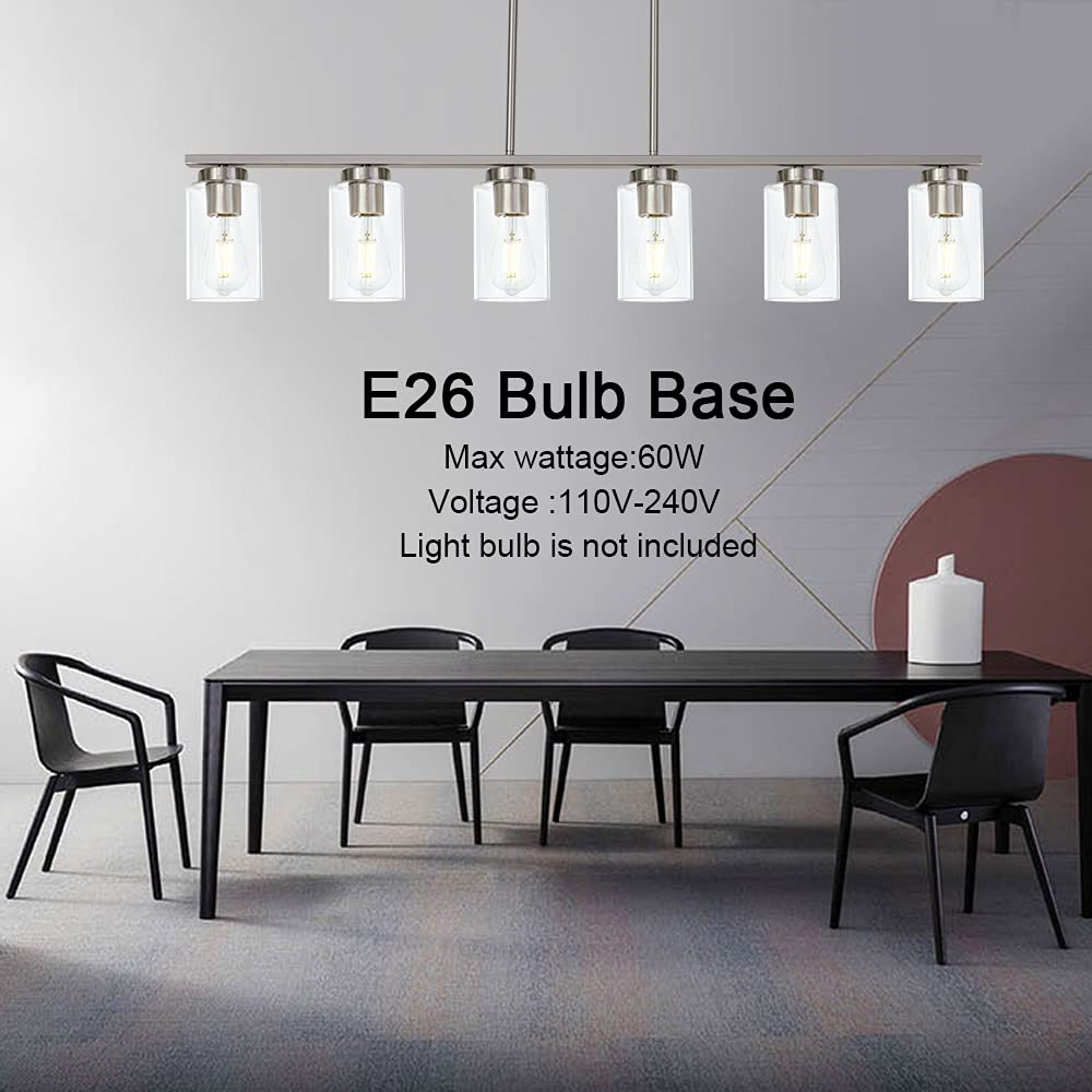 Modern 6-Light Linear Pendant Light Fixture with Clear Glass Shades - Brushed Nickel Finish for Kitchen Island, Dining Room, Pool Table & Bar Counter Lighting