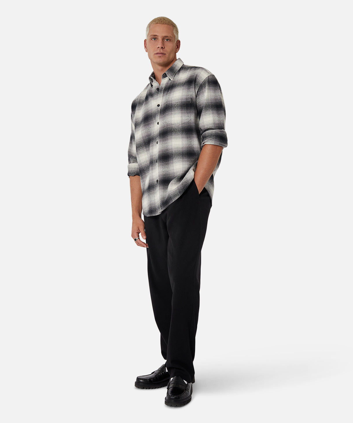 Prescott LS Shirt - Soft Cotton Long Sleeve Button Down for Men | Cream & Slate Plaid Flannel | Casual Workwear & Outdoor Fall Fashion