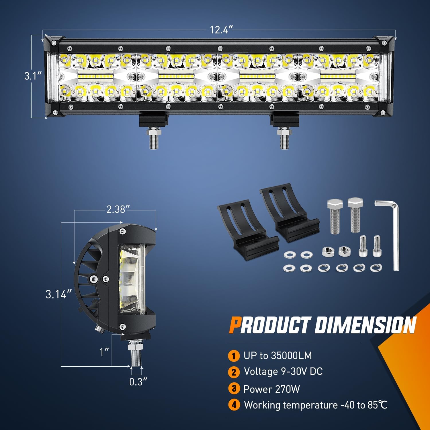 12 Inch 270W Triple Row LED Light Bar - Spot/Flood Combo for Off-Road Trucks, ATVs & Boats - Waterproof & Durable Off-Road Lighting for Night Driving, Camping & Outdoor Adventures