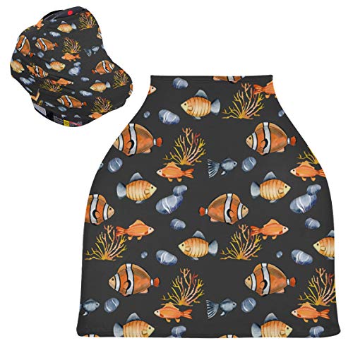 Stretchy Baby Car Seat Canopy Cover - Watercolor Clownfish Print Infant Car Seat & Stroller Cover, Nursing Scarf, Shopping Cart Cover | Perfect for Outdoor Walks, Shopping Trips & Breastfeeding in Public