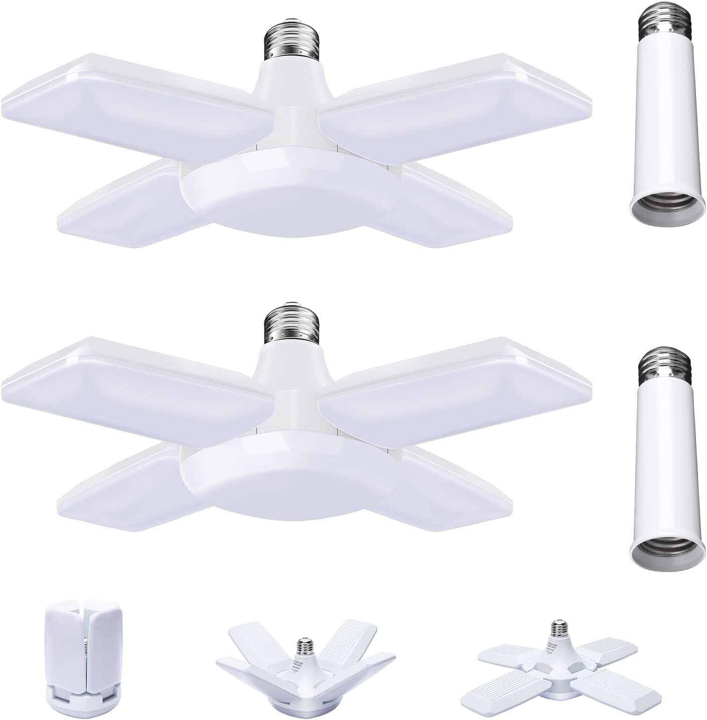 2 Pack LED Garage Lights 60W, E26 Base Deformable 4-Panel Ceiling Light - Bright Shop & Work Light for Garage, Workshop, Basement, Warehouse & DIY Projects