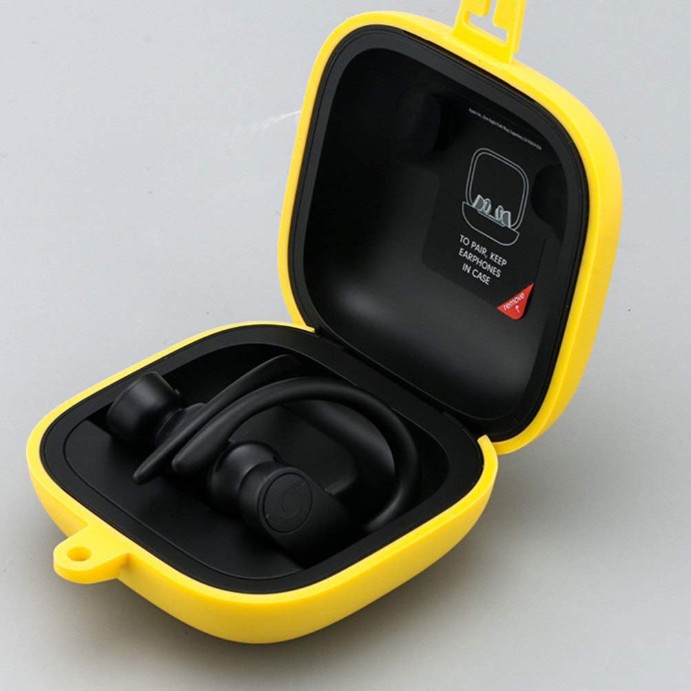 Shockproof Silicone Protective Case Cover for Powerbeats Pro - Durable Full-Body Protection with Carabiner Clip (Yellow) - Perfect for Gym, Running, Travel & Outdoor Activities