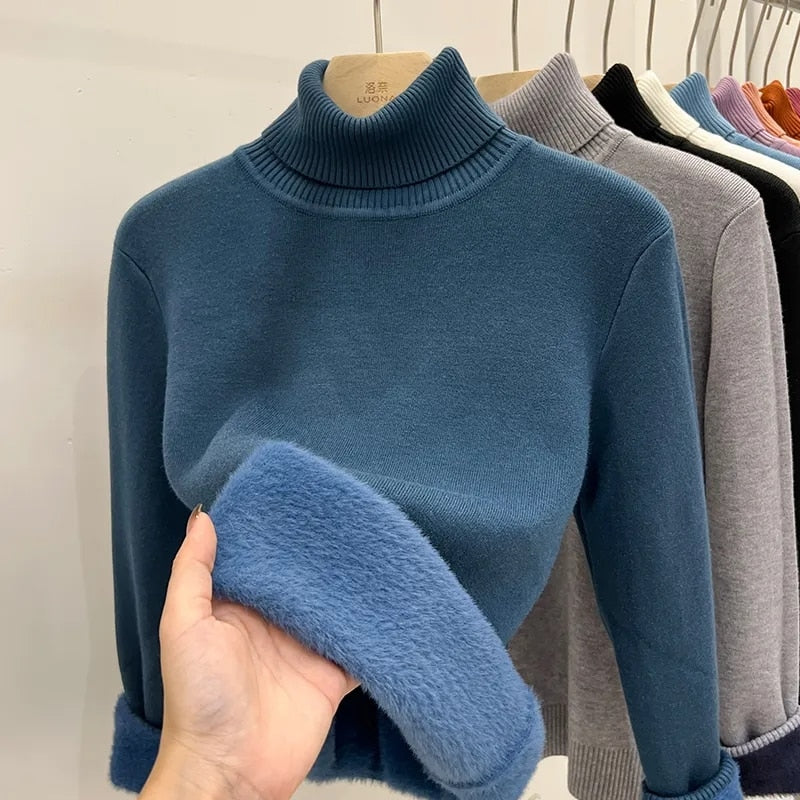 Women's Thick Velvet Turtleneck Sweater - Warm Winter Pullover for Casual Outfits & Holiday Parties
