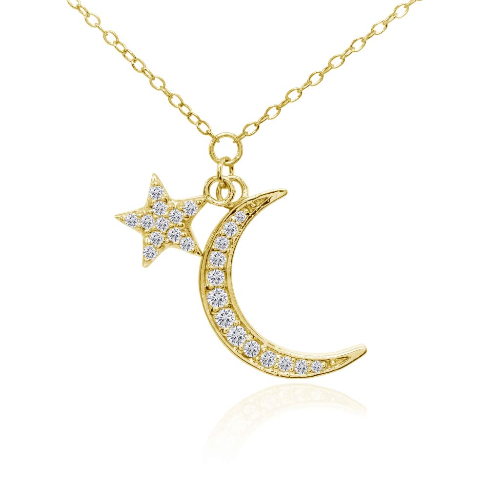 Hoops & Loops Sterling Silver Cubic Zirconia Moon and Star Necklace - Dainty Minimalist Jewelry for Women, Perfect for Everyday Wear & Special Occasions