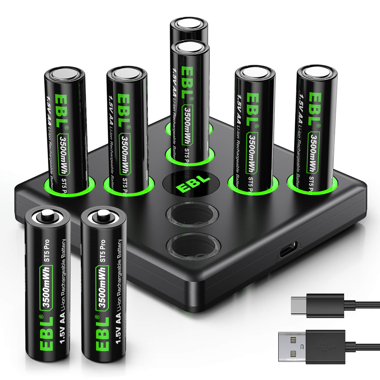 EBL 8 Pack 1.5V Rechargeable Lithium AA Batteries 3500mWh with USB Charger - High Capacity Long Lasting Power for Cameras, Flashlights, Toys & Electronics (Mid Year Sale)