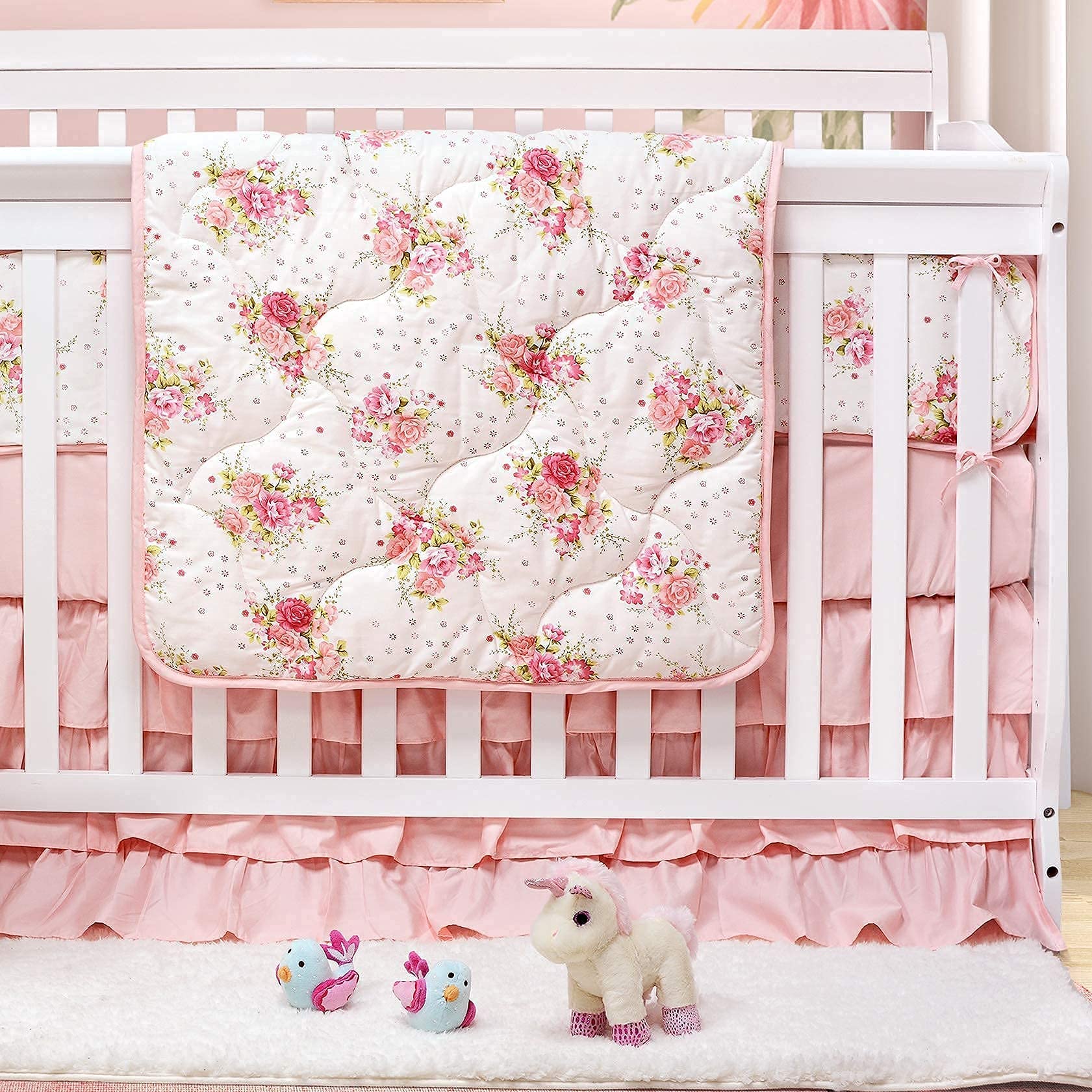 Brandream Floral Baby Crib Bedding Set - 3 Piece Nursery Comforter with Fitted Crib Sheet & Skirt, 100% Cotton for Girls - Perfect for Nursery Decor, Baby Shower Gifts & Newborn Essentials