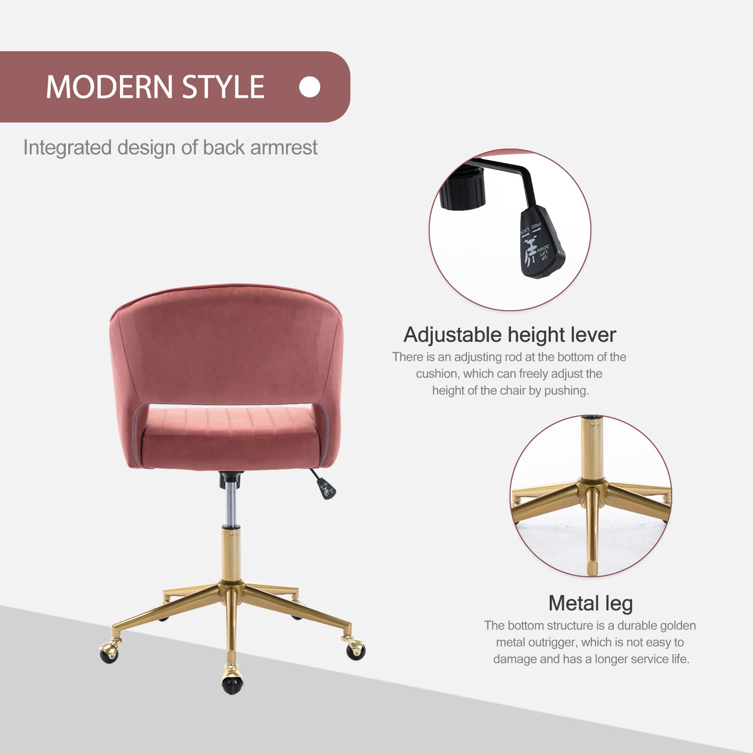 Velvet Swivel Office Chair with Adjustable Wheels - Ergonomic Upholstered Desk Chair for Home Office, Living Room, Bedroom & Study - Comfortable Computer Chair for Work, Gaming & Vanity (Rose)
