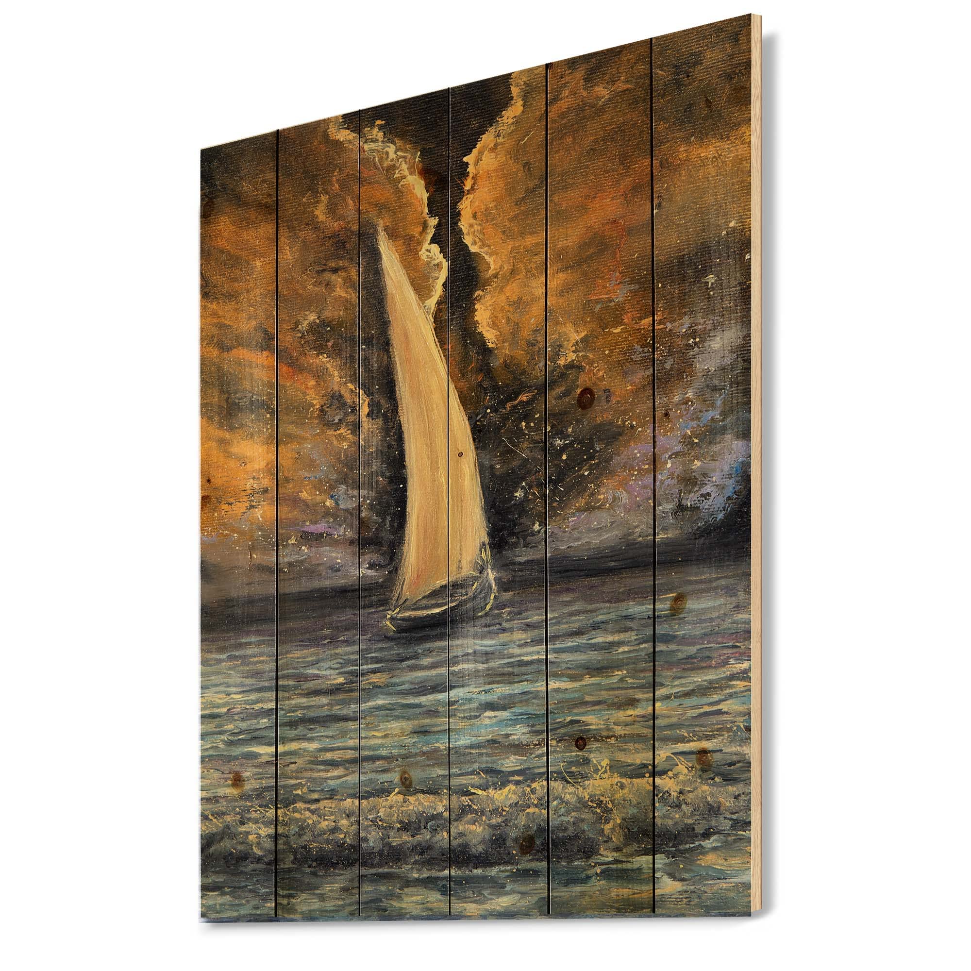 Sailboat at Dawn Nautical Wood Wall Art - Coastal & Beach Decor, Large Orange Wood Wall Panel Printed on Natural Pine - Perfect for Living Room, Bedroom, or Beach House Decor