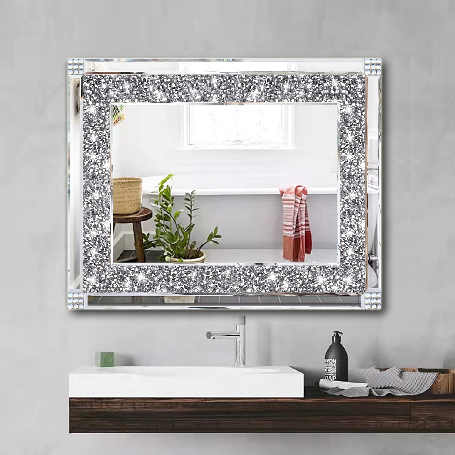 Sparkling Crystal Rhinestone Diamond Wall Mirror - Handcrafted Glass Mirror for Hallway, Bathroom & Bedroom Decor (16