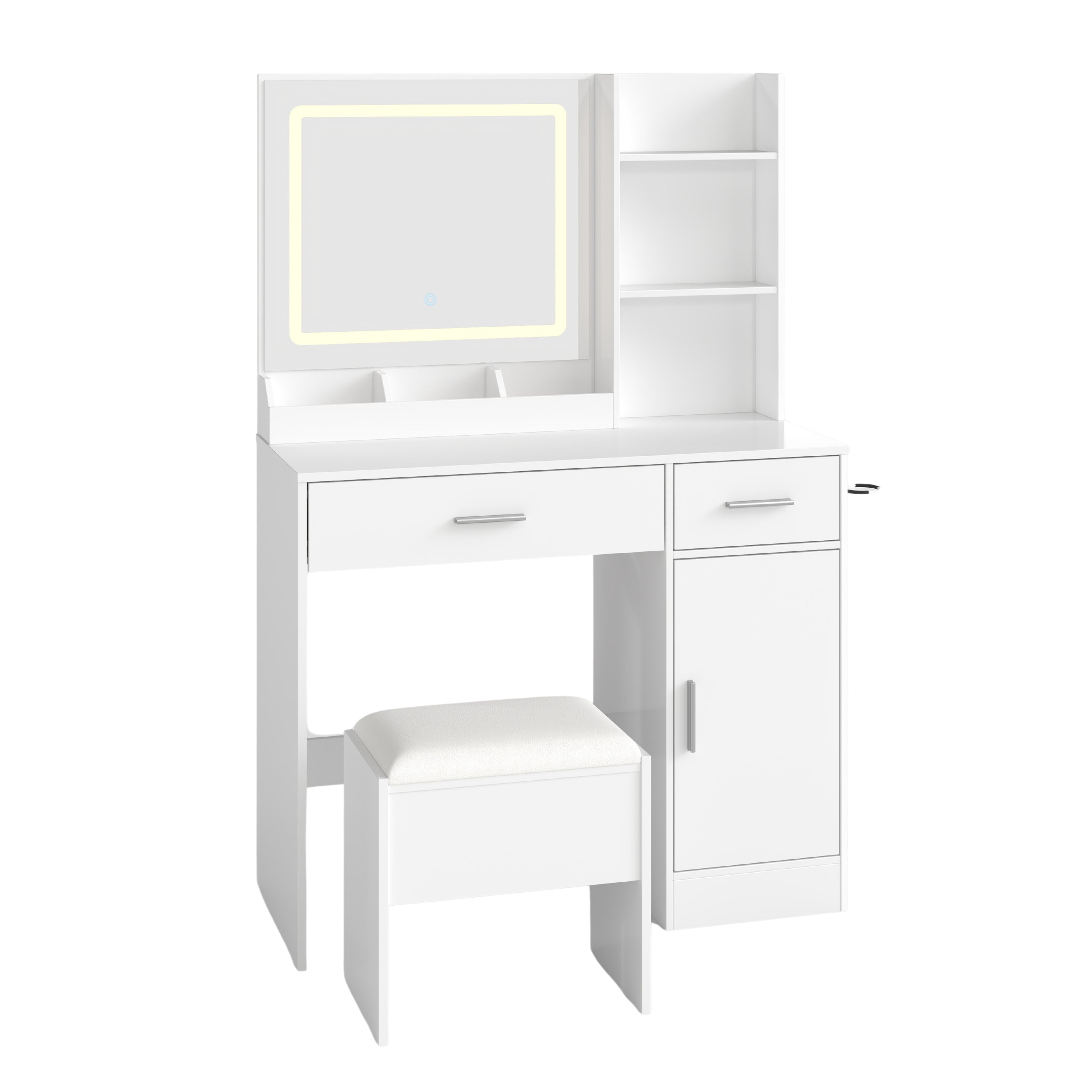 Roundhill Furniture Lavin Makeup Vanity Set with LED Light Mirror & Charging Station - White Vanity Desk & Stool for Bedroom, Dressing Room & Beauty Salon | Modern Makeup Table with Storage & USB Ports