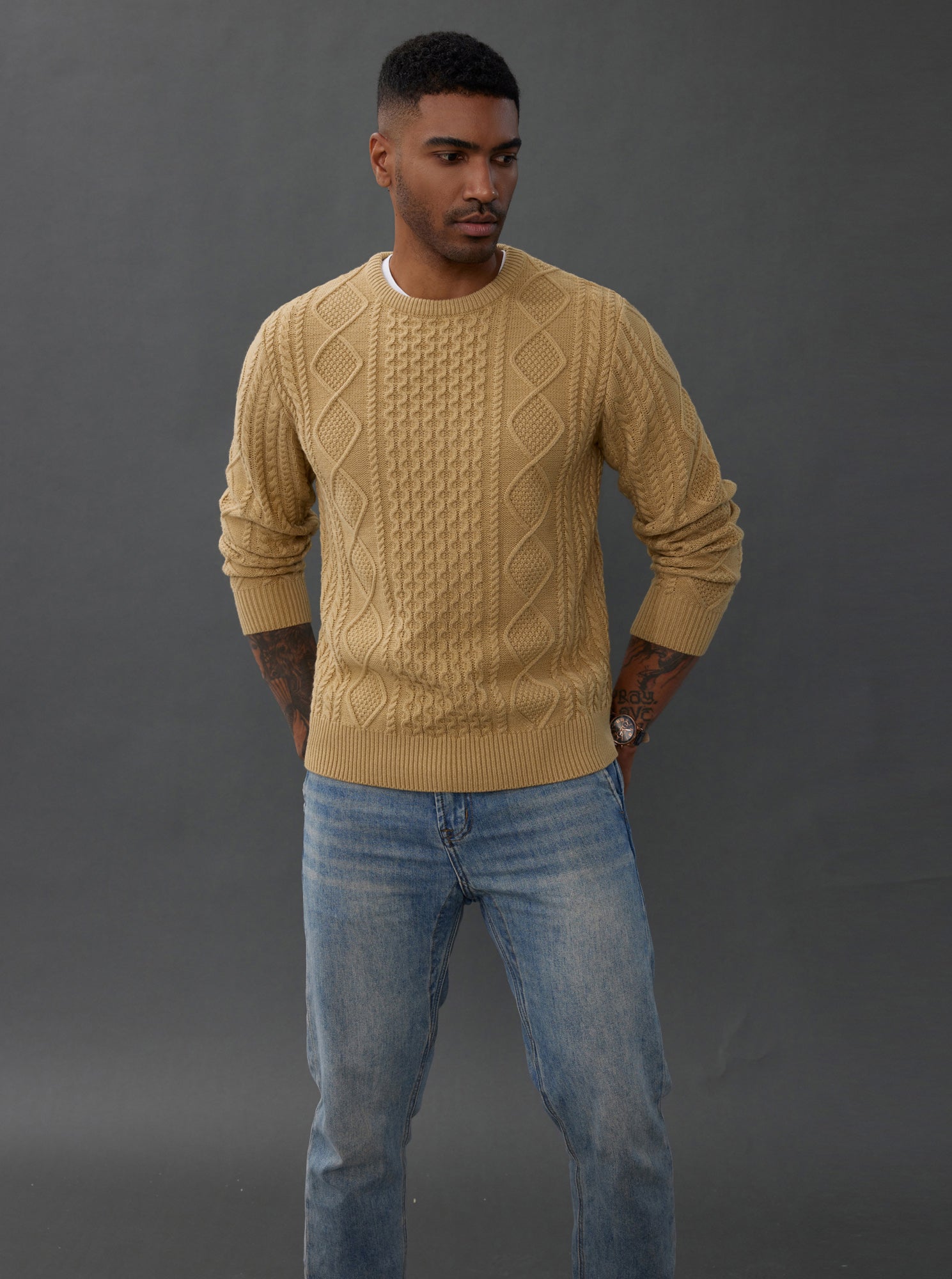 Men's Cable Knit Pullover Sweater - Long Sleeve Ribbed Crew Neck Jumper for Winter, Fall & Casual Wear - Cozy Regular Fit Knit Sweater for Office, Travel & Outdoor Activities