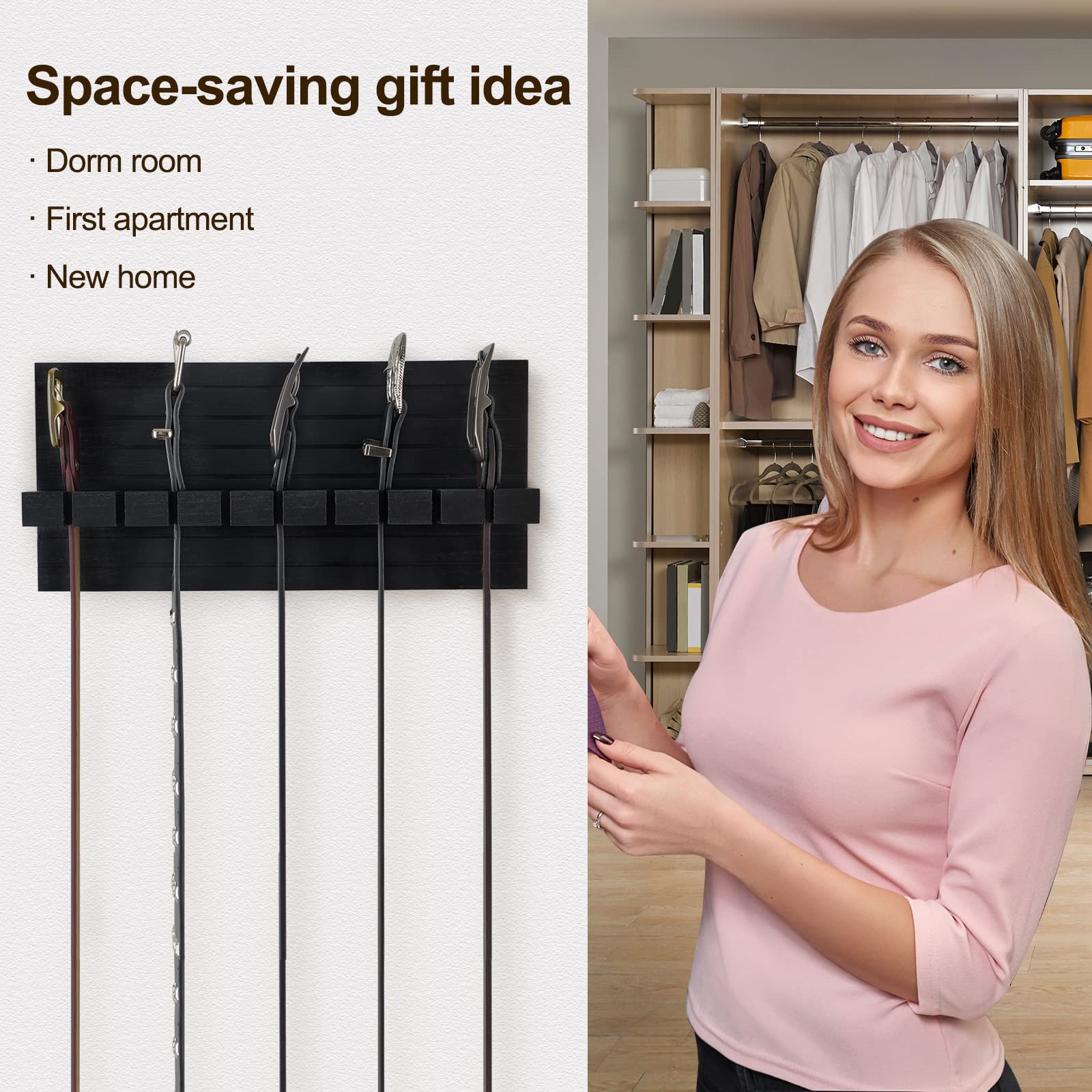 Space-Saving Belt Organizer for Closet - Wall Mount Belt Hanger Holds 9 Belts Securely Without Slipping - Includes Mounting Hardware (11.8”x5.5”x2.5”, Black) - Perfect for Closet Organization, Bedroom Storage & Small Space Living