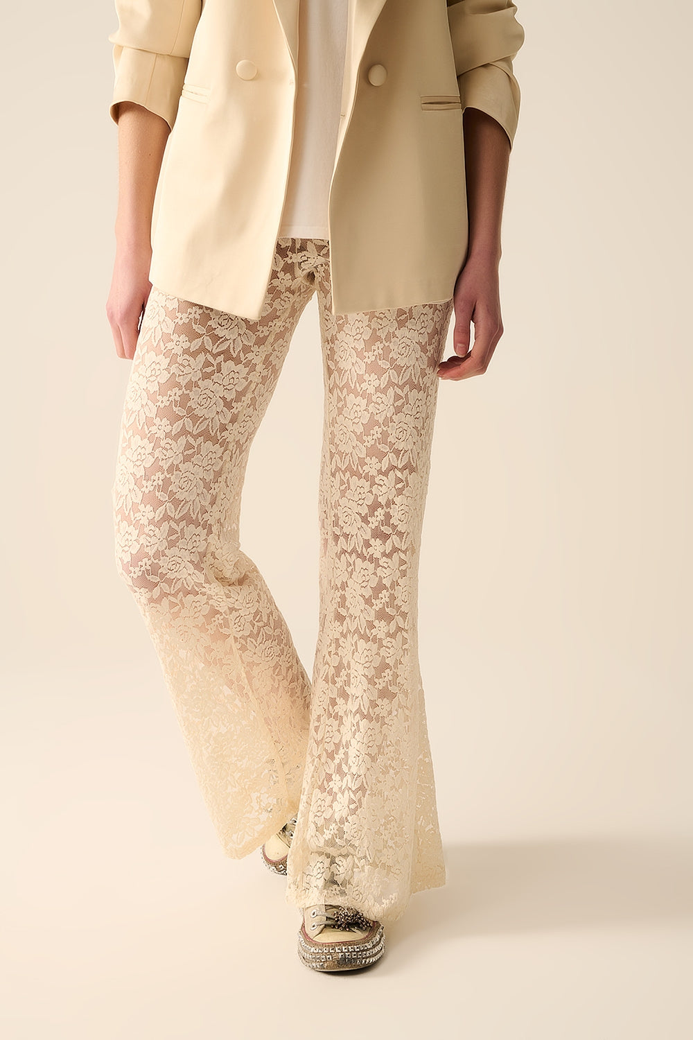 Floral Lace Cream Flared Pants for Women - Elegant Boho Chic Wide Leg Trousers - Perfect for Casual Outings, Date Nights & Summer Vacations