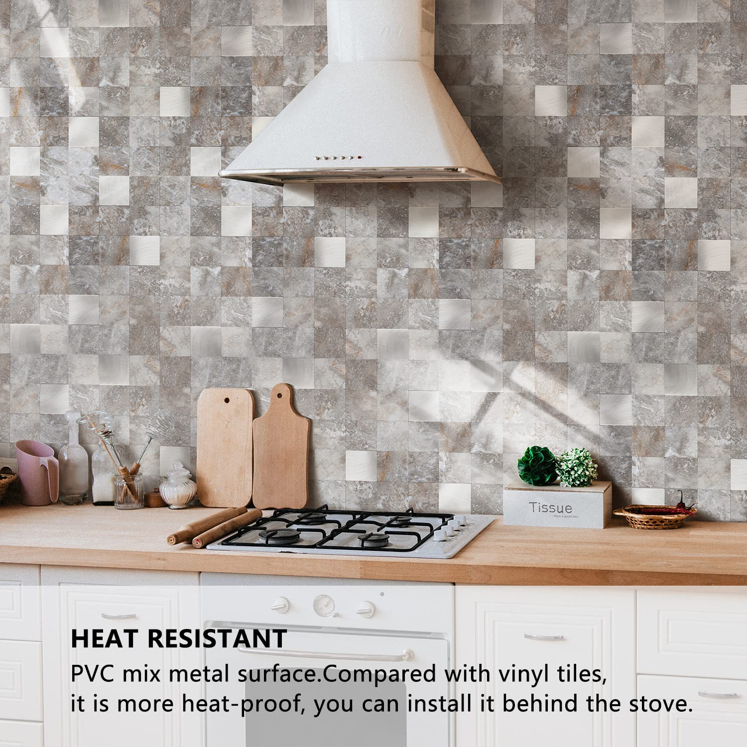 STICKGOO Peel and Stick PVC Mixed Metal Backsplash Tile for Kitchen - 10 Sheets, Grey | Easy DIY Kitchen Upgrade, Waterproof & Heat Resistant for Stove, Sink & Countertop Protection