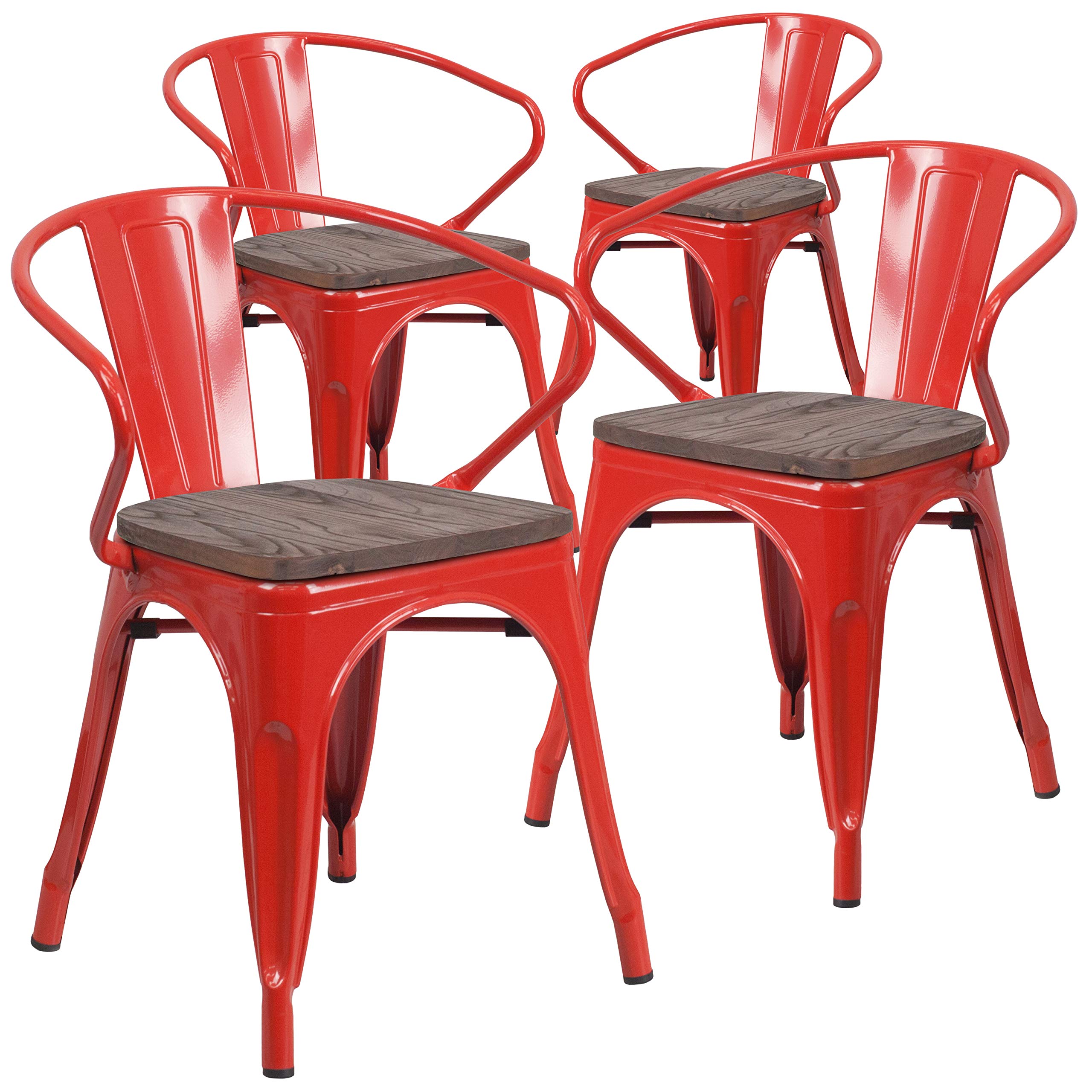 4 Pack Red Metal Chairs with Wooden Seats & Arms - Durable Restaurant & Cafe Furniture for Indoor & Outdoor Dining, Patio, Bistro, and Home Decor