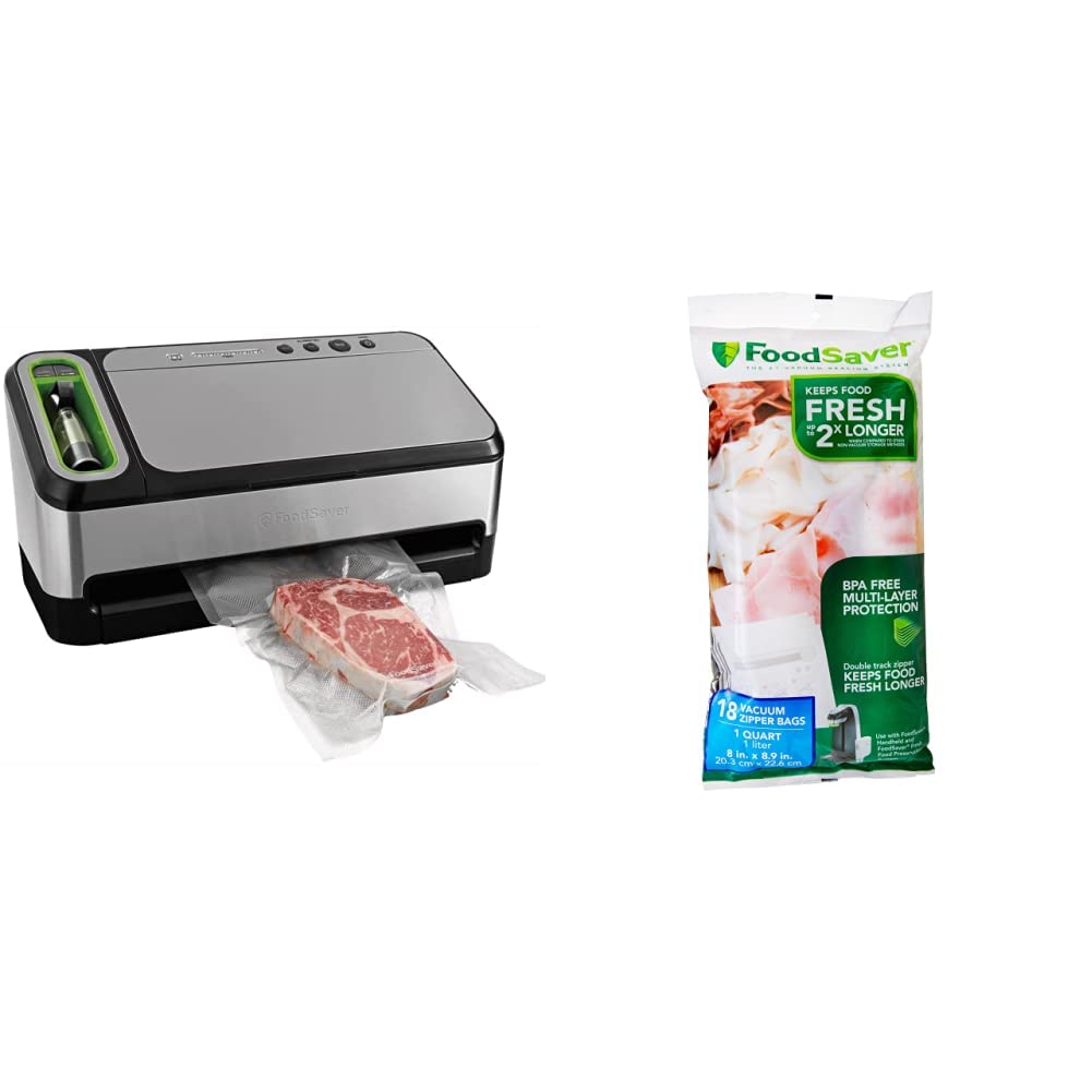 FoodSaver V4840 2-in-1 Vacuum Sealer Machine with 18 BPA-Free Vacuum Zipper Bags | Compact Design (18.8x9.5x10.6 inches) | Silver Kitchen Appliance for Food Preservation, Sous Vide & Meal Prep