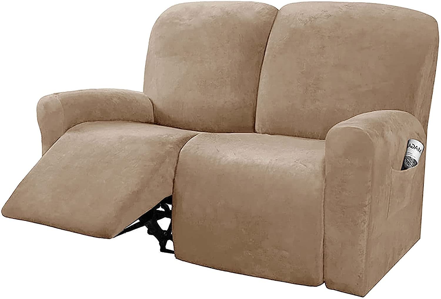 6-Piece Velvet Recliner Loveseat Cover Stretch Sofa Slipcover with Elastic Bottom - Thick Soft Washable Furniture Protector in Camel Color for Living Room, Home Theater & Family Gatherings