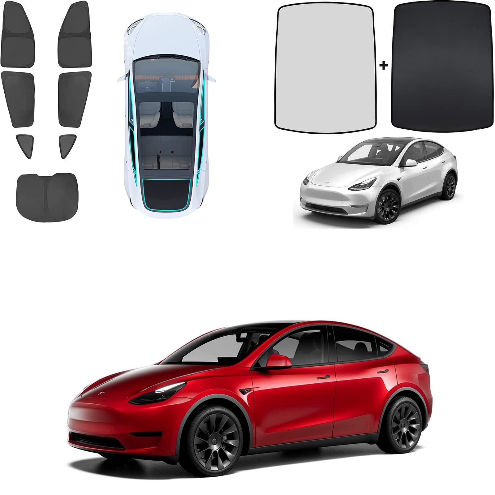 Tesla Model Y Side Window & Rear Windshield Sunshade Set - UV Protection & Heat Blocking for Car Glass Roof & Windows - Perfect for Summer Driving & Parking