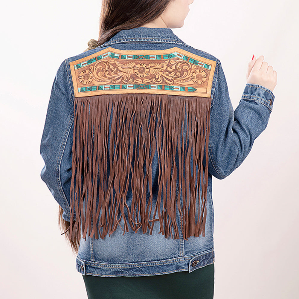 ADJKT006 Genuine Leather Hand-Tooled & Hand-Carved Women's Denim Jacket - 100% Cotton Western Style Biker Vest for Ladies & Girls | Perfect for Casual Outfits, Cowgirl Fashion & Outdoor Adventures