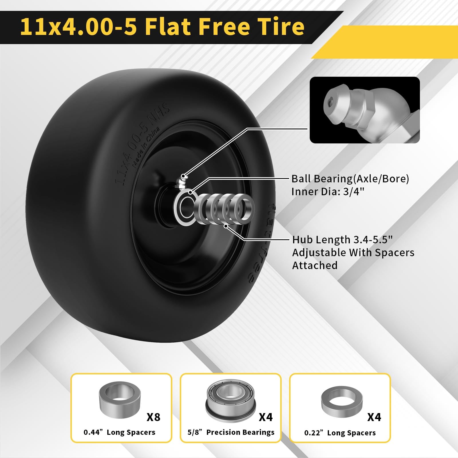 TEPU 11x4.00-5 Solid Flat Free Lawn Mower Tires - 2 Pack Black Zero Turn Mower Front Tires with 3/4