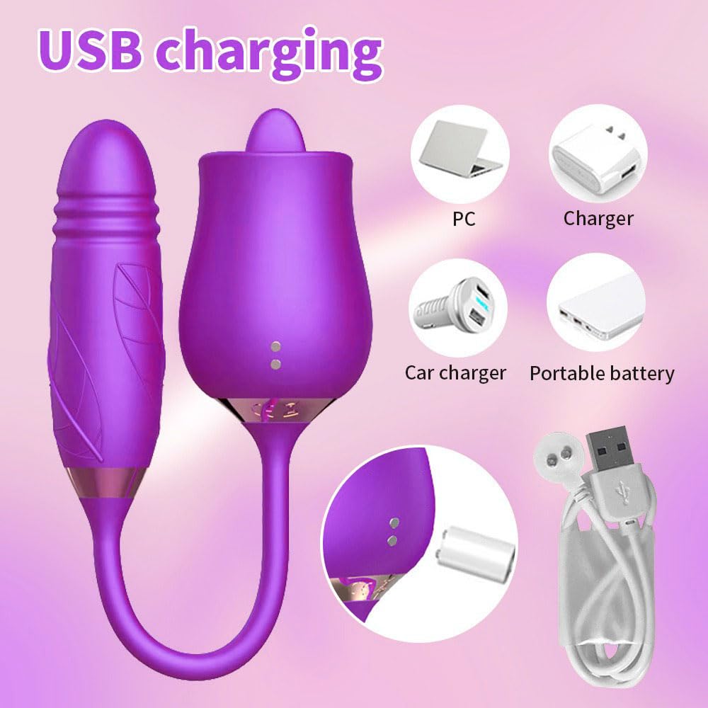 3 in 1 Rose Toy for Adults - Purple Vibrating, Thrusting & Tongue Licking Pleasure Device with Easy Operation | YR3+6 * 7 | Perfect for Couples Play, Solo Exploration & Sensual Massage